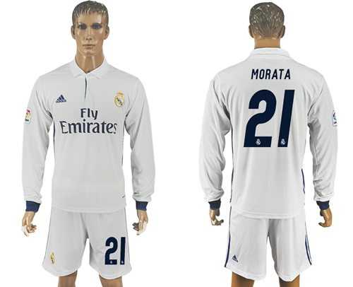 Real Madrid #21 Morata White Home Long Sleeves Soccer Club Jersey