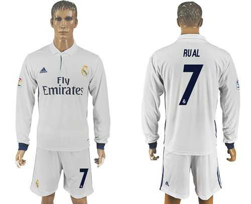 Real Madrid #7 Rual White Home Long Sleeves Soccer Club Jersey