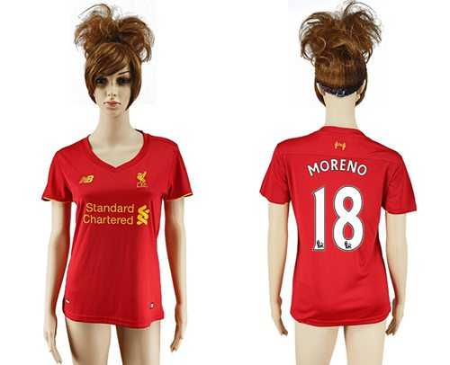 Women's Liverpool #18 Moreno Red Home Soccer Club Jersey
