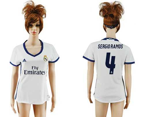 Women's Real Madrid #4 Sergio Ramos Home Soccer Club Jersey