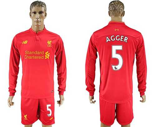 Liverpool #5 Agger Home Long Sleeves Soccer Club Jersey