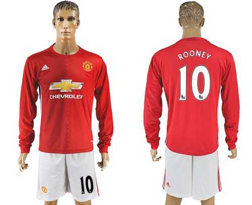 Manchester United #10 Rooney Red Home Long Sleeves Soccer Club Jersey