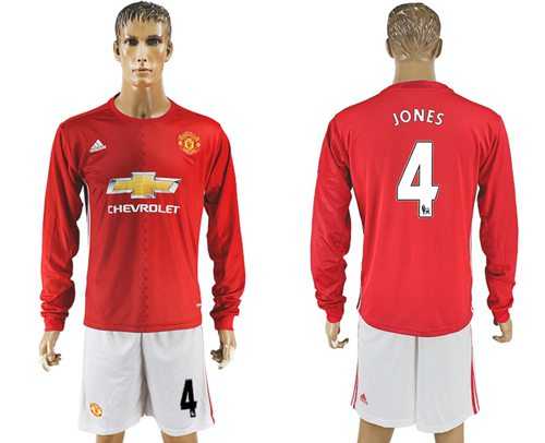 Manchester United #4 Jones Red Home Long Sleeves Soccer Club Jersey