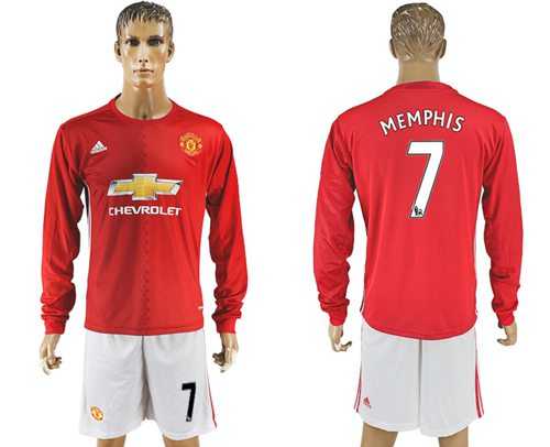 Manchester United #7 Memphis Red Home Long Sleeves Soccer Club Jersey