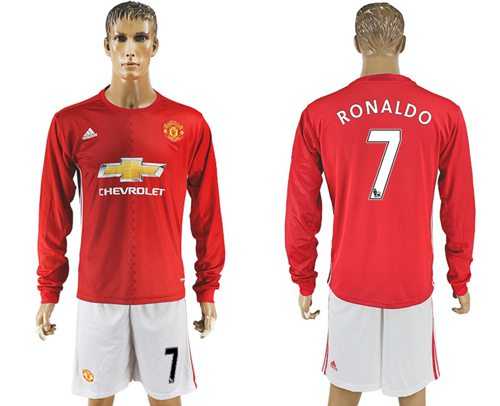 Manchester United #7 Ronaldo Red Home Long Sleeves Soccer Club Jersey