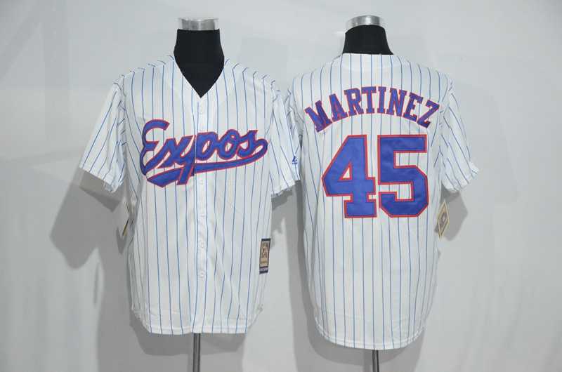 Mitchell And Ness Montreal Expos #45 Pedro Martinez White Strip Throwback Stitched Baseball Jersey