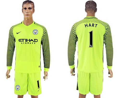 Manchester City #1 Hart Shiny Green Goalkeeper Long Sleeves Soccer Club Jersey