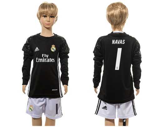 Real Madrid #1 Navas Black Goalkeeper Long Sleeves Kid Soccer Club Jersey