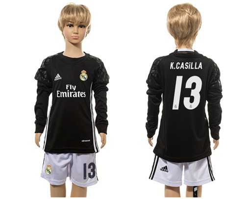 Real Madrid #13 K.Casilla Black Goalkeeper Long Sleeves Kid Soccer Club Jersey