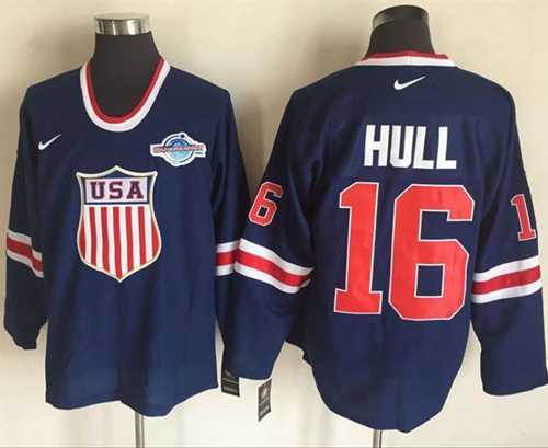 Team USA #16 Brett Hull Navy Blue 2014 Olympic Nike Throwback Stitched NHL Jersey