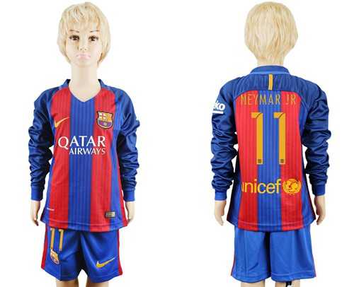 Barcelona #11 Neymar Jr Home Long Sleeves Kid Soccer Club Jersey
