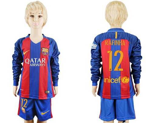Barcelona #12 Rafinha Home Long Sleeves Kid Soccer Club Jersey