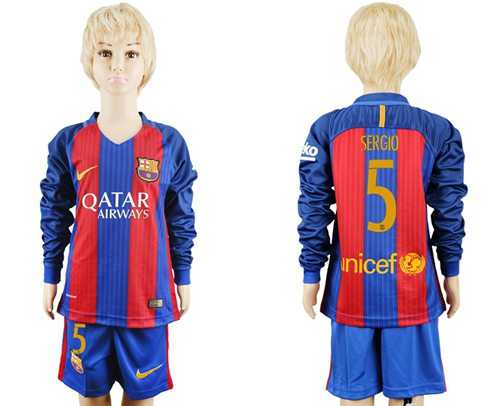 Barcelona #5 Sergio Home Long Sleeves Kid Soccer Club Jersey