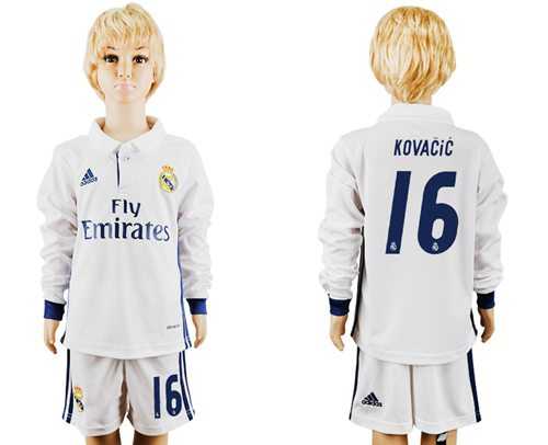 Real Madrid #16 Kovacic Home Long Sleeves Kid Soccer Club Jersey