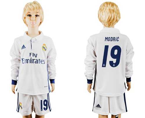 Real Madrid #19 Modric Home Long Sleeves Kid Soccer Club Jersey