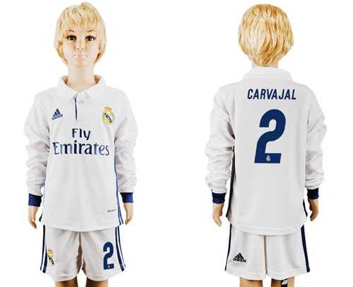 Real Madrid #2 Carvajal Home Long Sleeves Kid Soccer Club Jersey