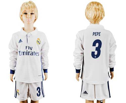 Real Madrid #3 Pepe Home Long Sleeves Kid Soccer Club Jersey