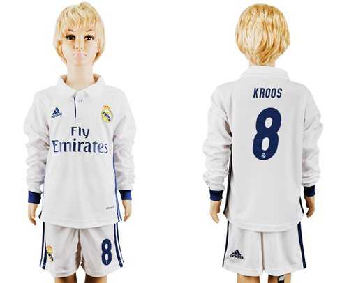 Real Madrid #8 Kroos Home Long Sleeves Kid Soccer Club Jersey