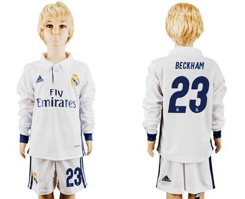 Real Madrid #23 Beckham Home Long Sleeves Kid Soccer Club Jersey