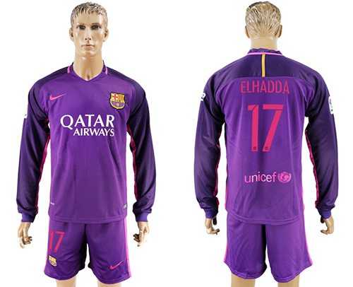 Barcelona #17 Elhadda Away Long Sleeves Soccer Club Jersey