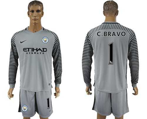 Manchester City #1 C.Bravo Grey Goalkeeper Long Sleeves Soccer Club Jersey