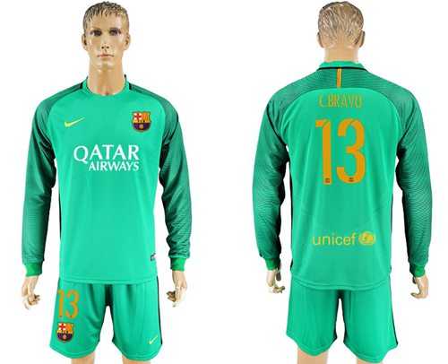 Barcelona #13 C.Bravo Green Goalkeeper Long Sleeves Soccer Club Jersey