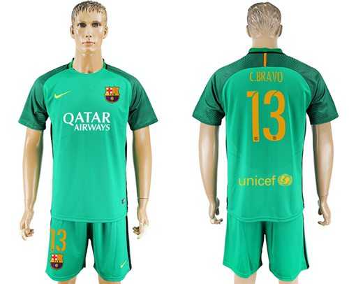 Barcelona #13 C.Bravo Green Goalkeeper Soccer Club Jersey