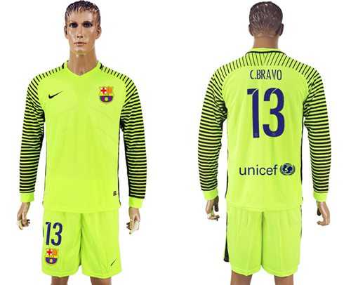 Barcelona #13 C.Bravo Shiny Green Goalkeeper Long Sleeves Soccer Club Jersey