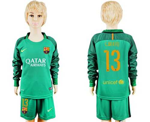 Barcelona #13 C.Bravo Green Goalkeeper Long Sleeves Kid Soccer Club Jersey
