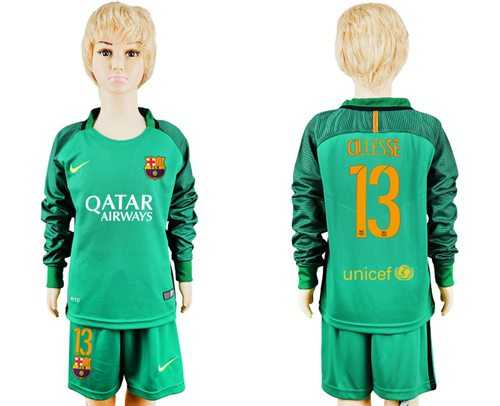 Barcelona #13 Cillesse Green Goalkeeper Long Sleeves Kid Soccer Club Jersey