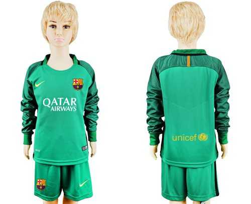 Barcelona Blank Green Goalkeeper Long Sleeves Kid Soccer Club Jersey