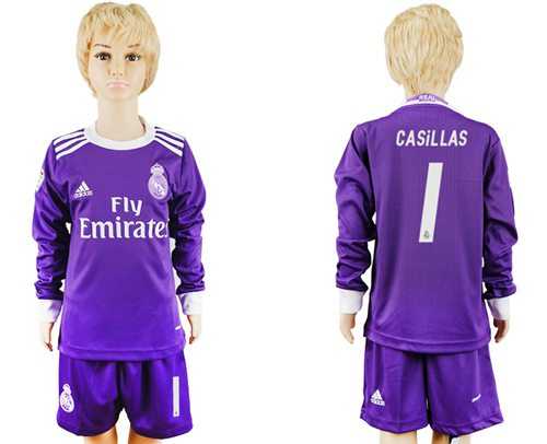 Real Madrid #1 Casillas Away Long Sleeves Kid Soccer Club Jersey