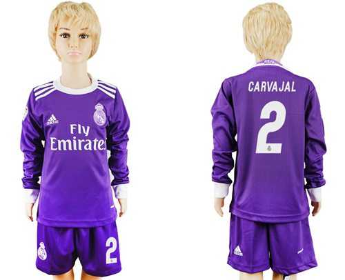 Real Madrid #2 Carvajal Away Long Sleeves Kid Soccer Club Jersey