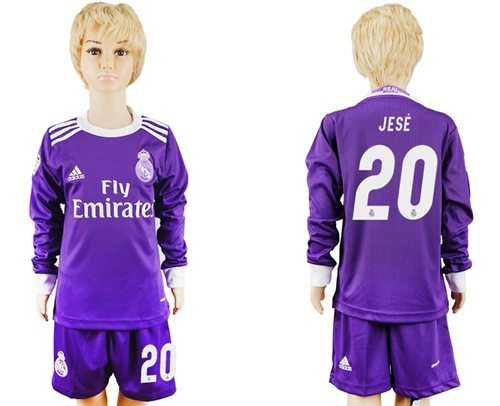 Real Madrid #20 Jese Away Long Sleeves Kid Soccer Club Jersey