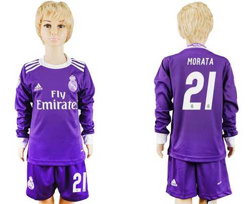 Real Madrid #21 Morata Away Long Sleeves Kid Soccer Club Jers