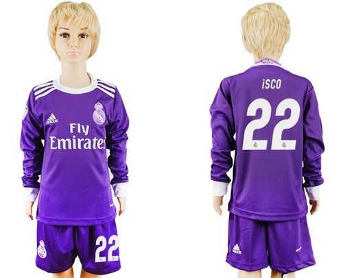 Real Madrid #22 Isco Away Long Sleeves Kid Soccer Club Jersey