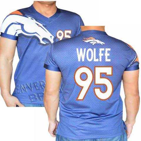 Denver Broncos #95 Derek Wolfe Stretch Name Number Player Personalized Blue Mens Adults NFL T-Shirts Tee Shirts