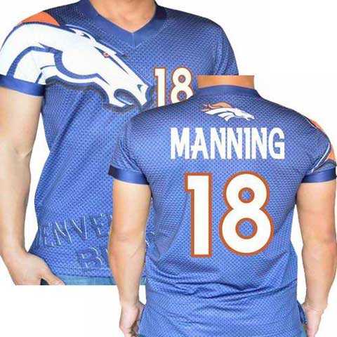 Denver Broncos Navy #18 Peyton Manning Stretch Shirt Name Number Player Personalized Blue Mens Adults NFL T-Shirts Tee Shirts