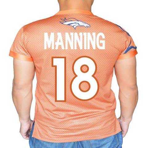 Denver Broncos Orange #18 Peyton Manning Stretch Name Number Player Personalized Blue Mens Adults NFL T-Shirts Tee Shirts