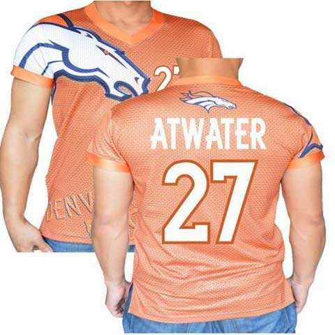 Denver Broncos Orange #27 Steve Atwater Stretch Name Number Player Personalized Blue Mens Adults NFL T-Shirts Tee Shirts