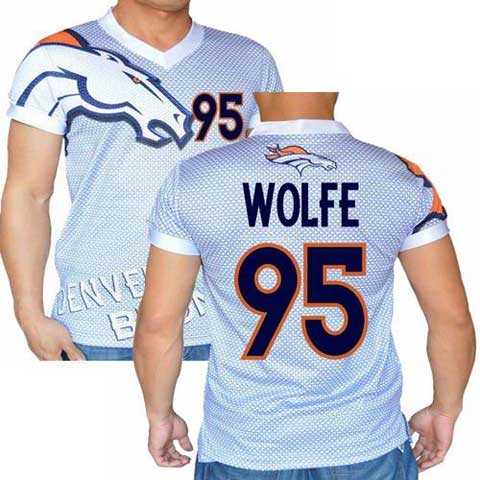 Denver Broncos White #95 Derek Wolfe Stretch Name Number Player Personalized Blue Mens Adults NFL T-Shirts Tee Shirts