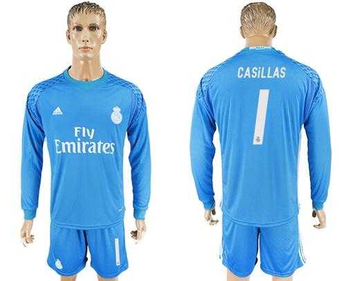 Real Madrid #1 Casillas Sky Blue Goalkeeper Long Sleeves Soccer Club Jersey