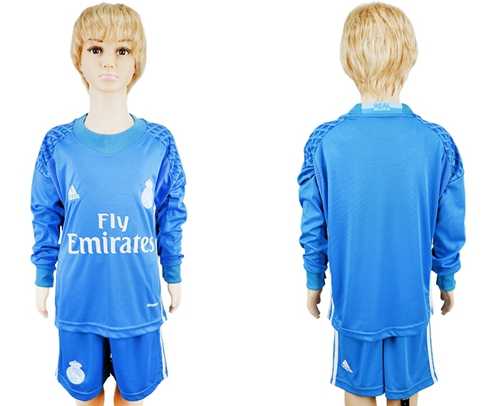 Real Madrid Blank Sky Blue Goalkeeper Long Sleeves Kid Soccer Club Jersey