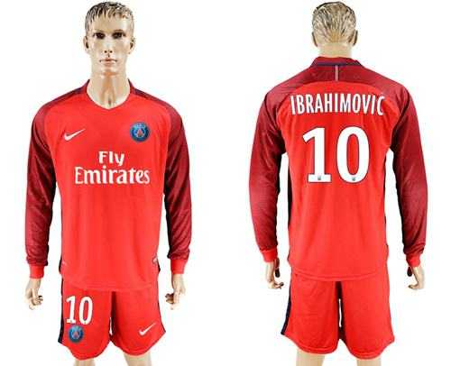 Paris Saint-Germain #10 Ibrahimovic Red Long Sleeves Soccer Club Jersey