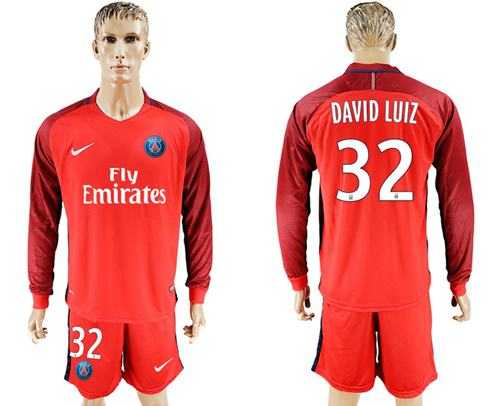 Paris Saint-Germain #32 David Luiz Red Long Sleeves Soccer Club Jersey