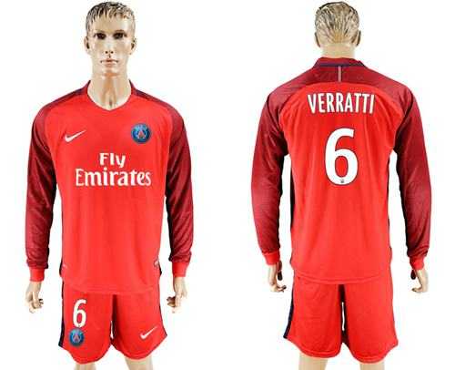Paris Saint-Germain #6 Verratti Red Long Sleeves Soccer Club Jersey