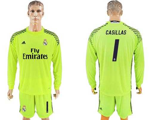 Real Madrid #1 Casillas Shiny Green Goalkeeper Long Sleeves Soccer Club Jersey