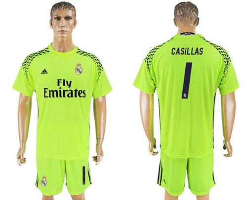 Real Madrid #1 Casillas Shiny Green Goalkeeper Soccer Club Jersey
