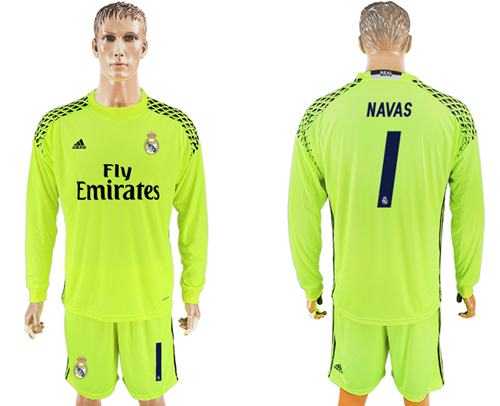 Real Madrid #1 Navas Shiny Green Goalkeeper Long Sleeves Soccer Club Jersey