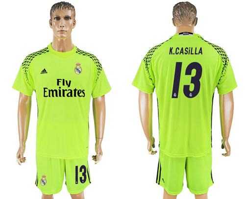 Real Madrid #13 K.Casilla Shiny Green Goalkeeper Soccer Club Jersey